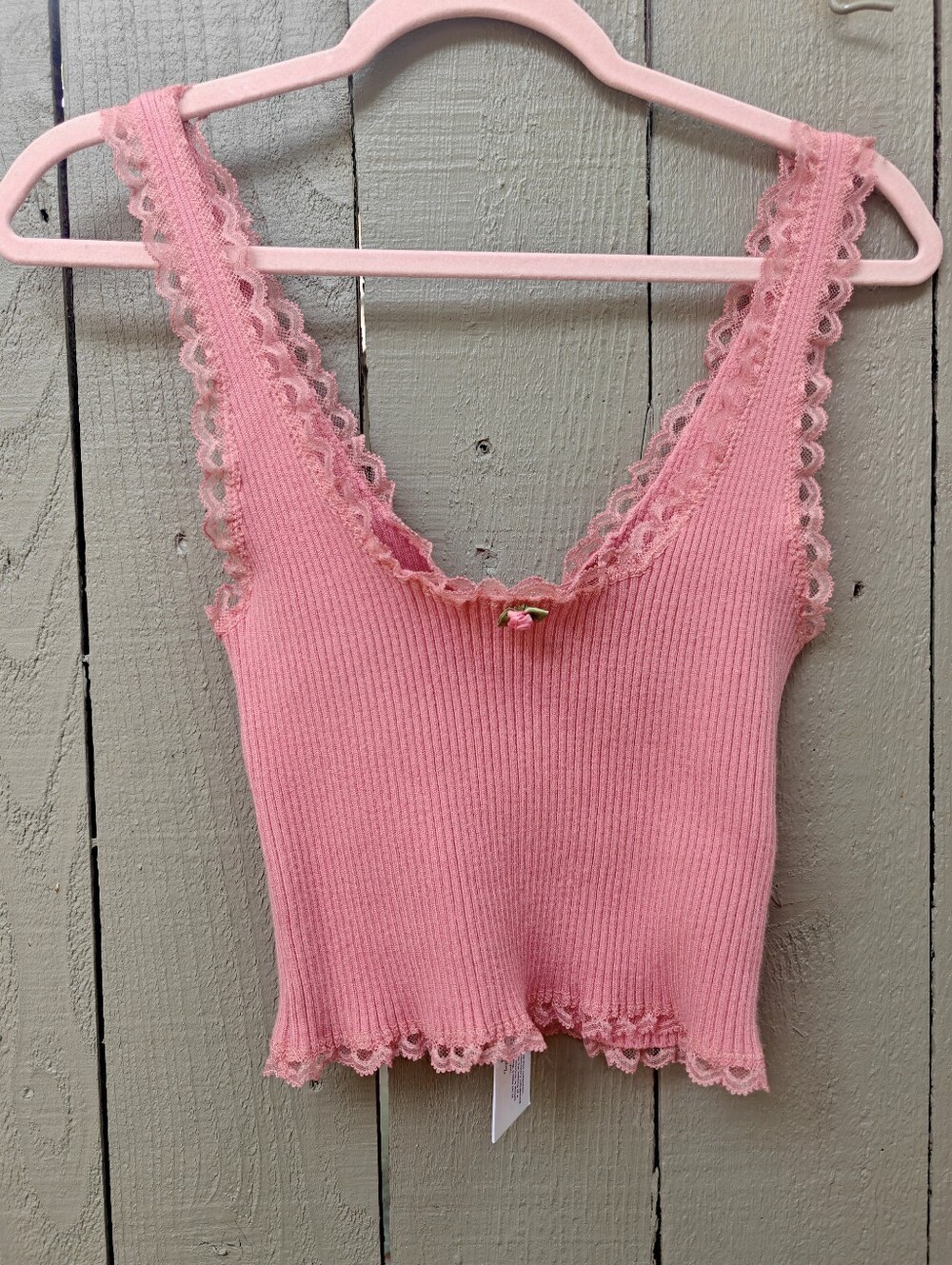 For Love And Lemons Pink Lace-Trim Ribbed Tank Top